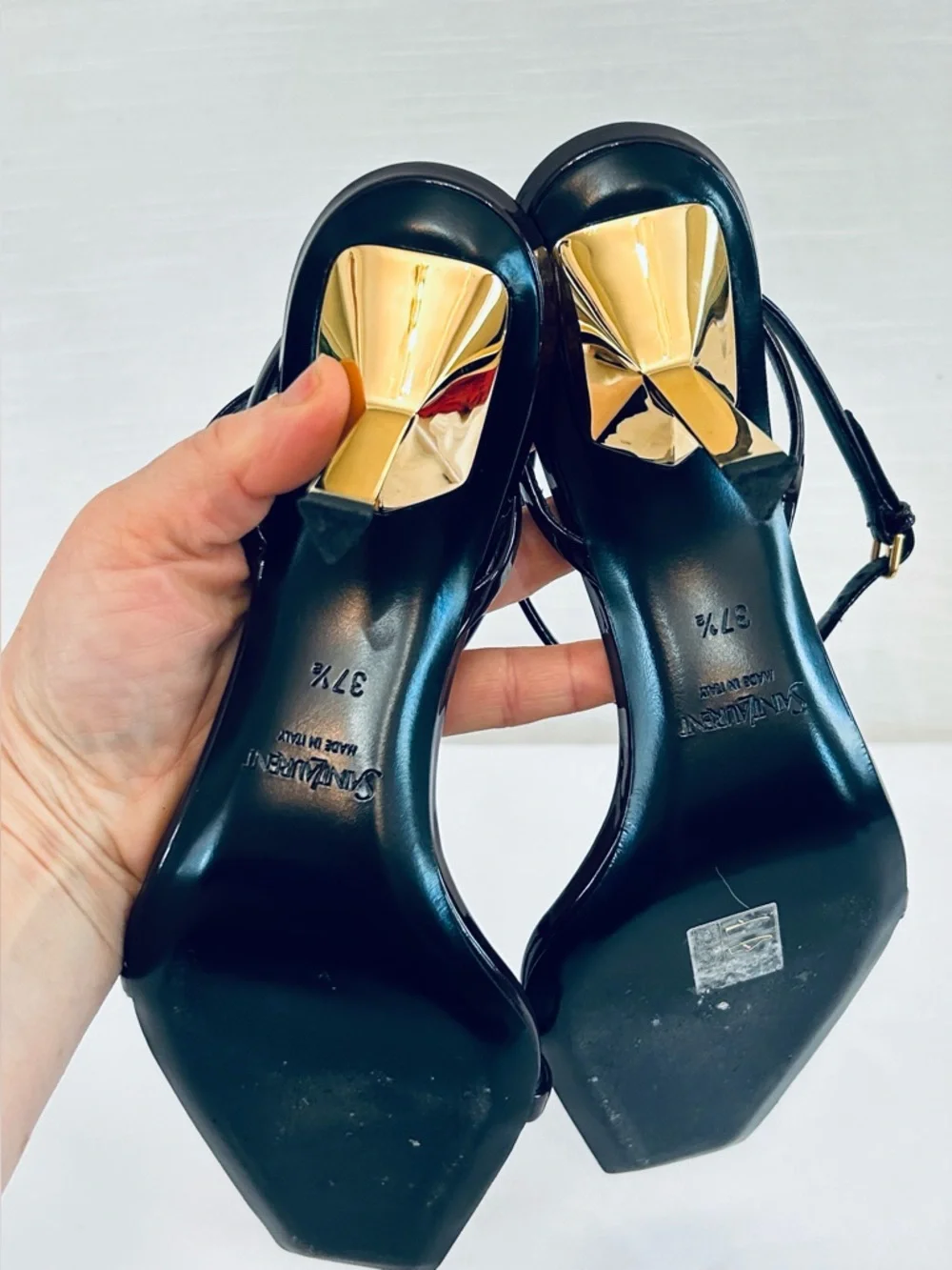 Saint Laurent Designer Patent Leather Strappy Sandals with Gold Heels - Picture 7 of 13